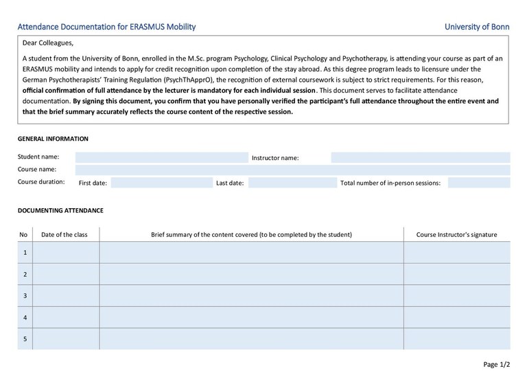 Attendance Documentation for ERASMUS Mobility